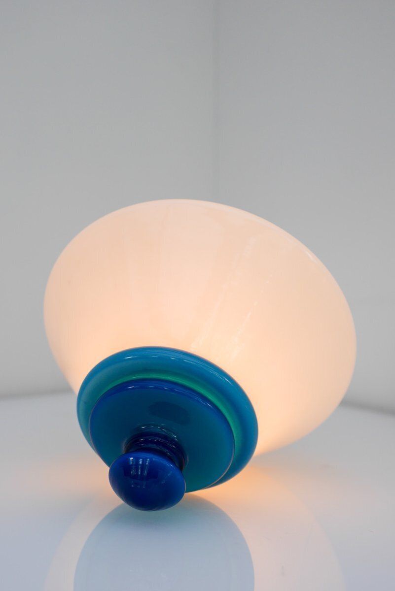 photo furniture Scandinavian Art Deco Milk Glass Pendant Light With Azure Blue Details, 1930s