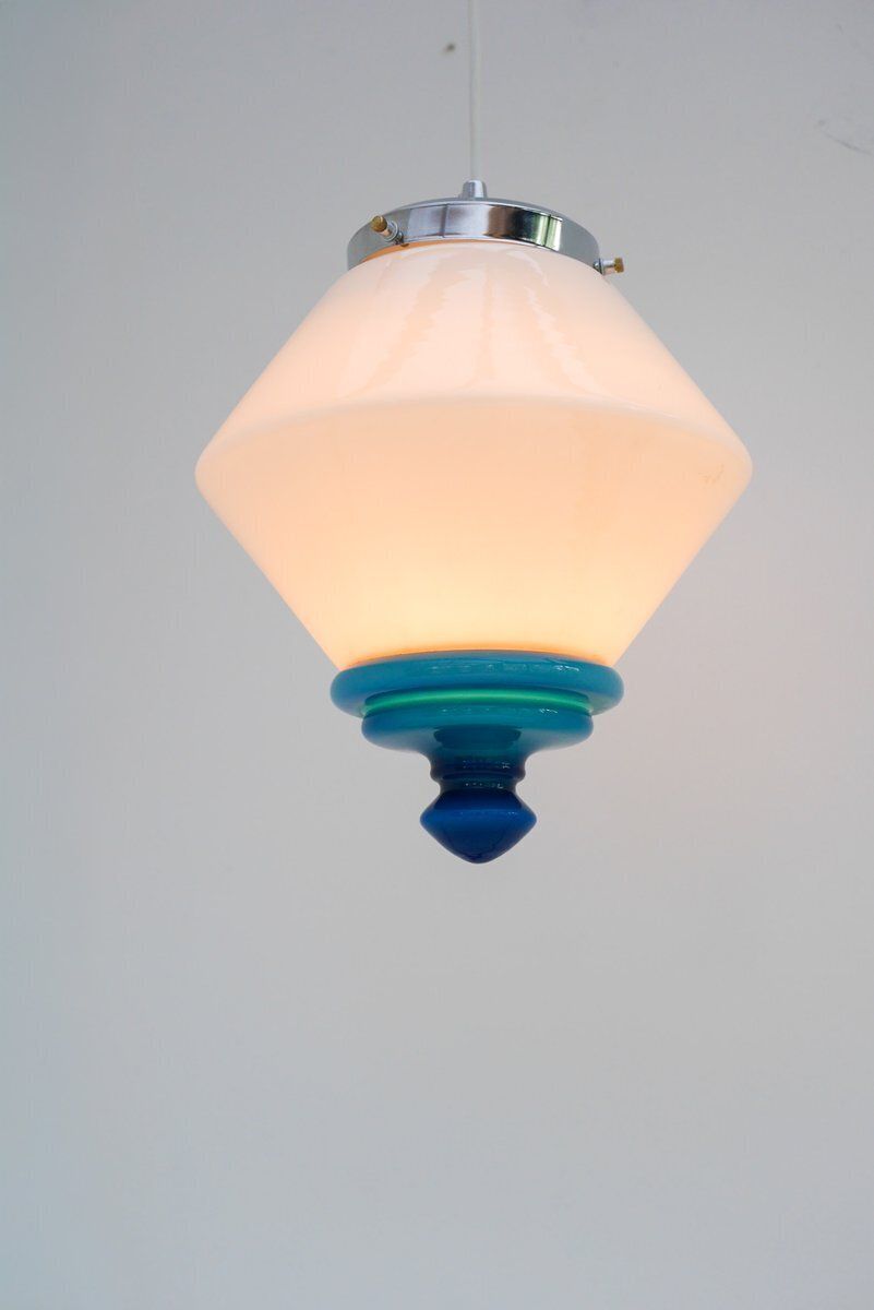 photo for sale Scandinavian Art Deco Milk Glass Pendant Light With Azure Blue Details, 1930s