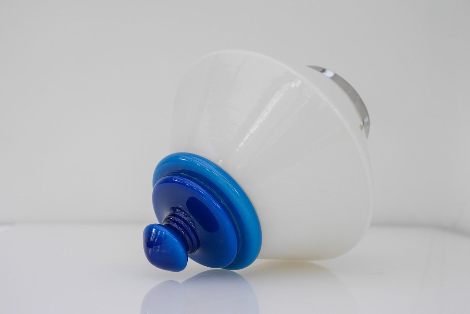 650.0 Scandinavian Art Deco Milk Glass Pendant Light With Azure Blue Details, 1930s photo