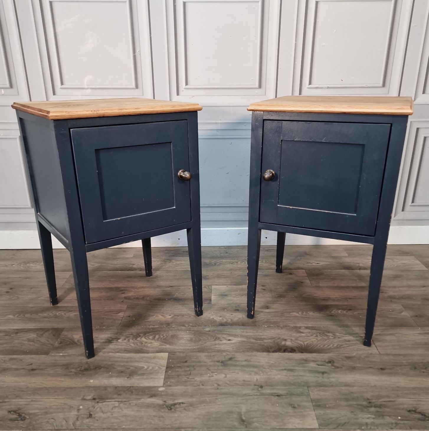Vintage Pair Bedside Cabinets Painted Oak Top Wooden Nightstands Pot Cupboards