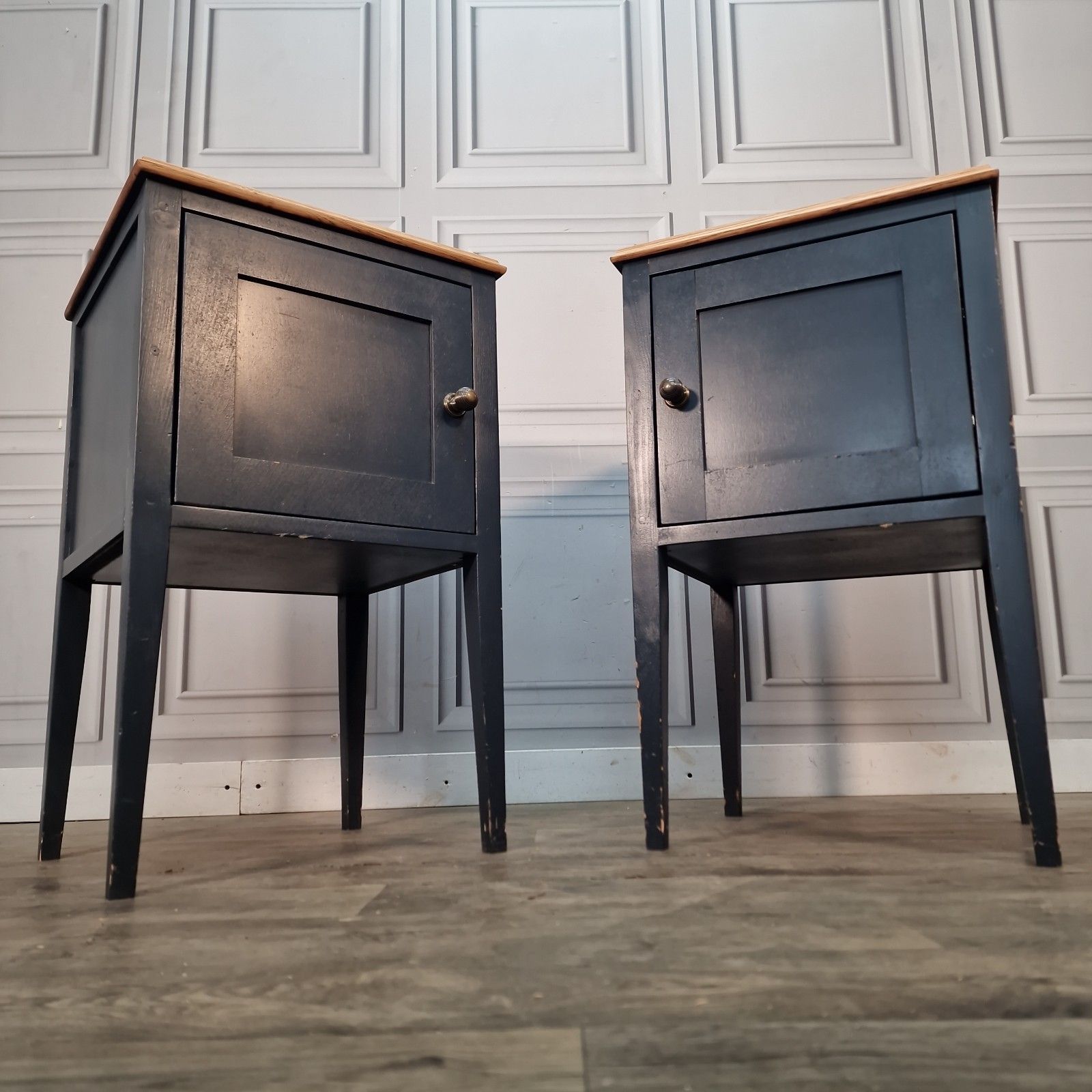 Vintage Pair Bedside Cabinets Painted Oak Top Wooden Nightstands Pot Cupboards photo Furniture