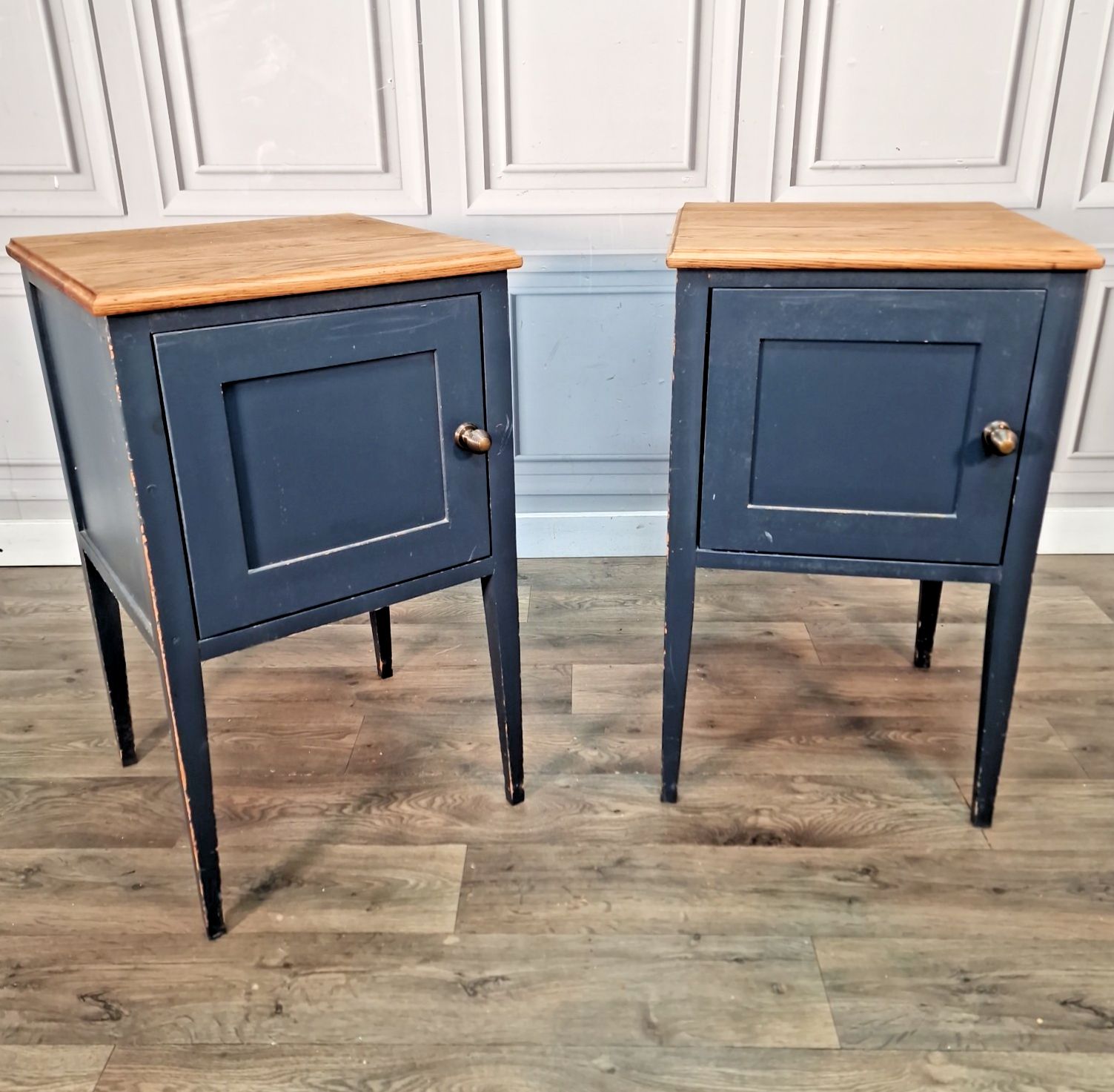 Vintage Pair Bedside Cabinets Painted Oak Top Wooden Nightstands Pot Cupboards