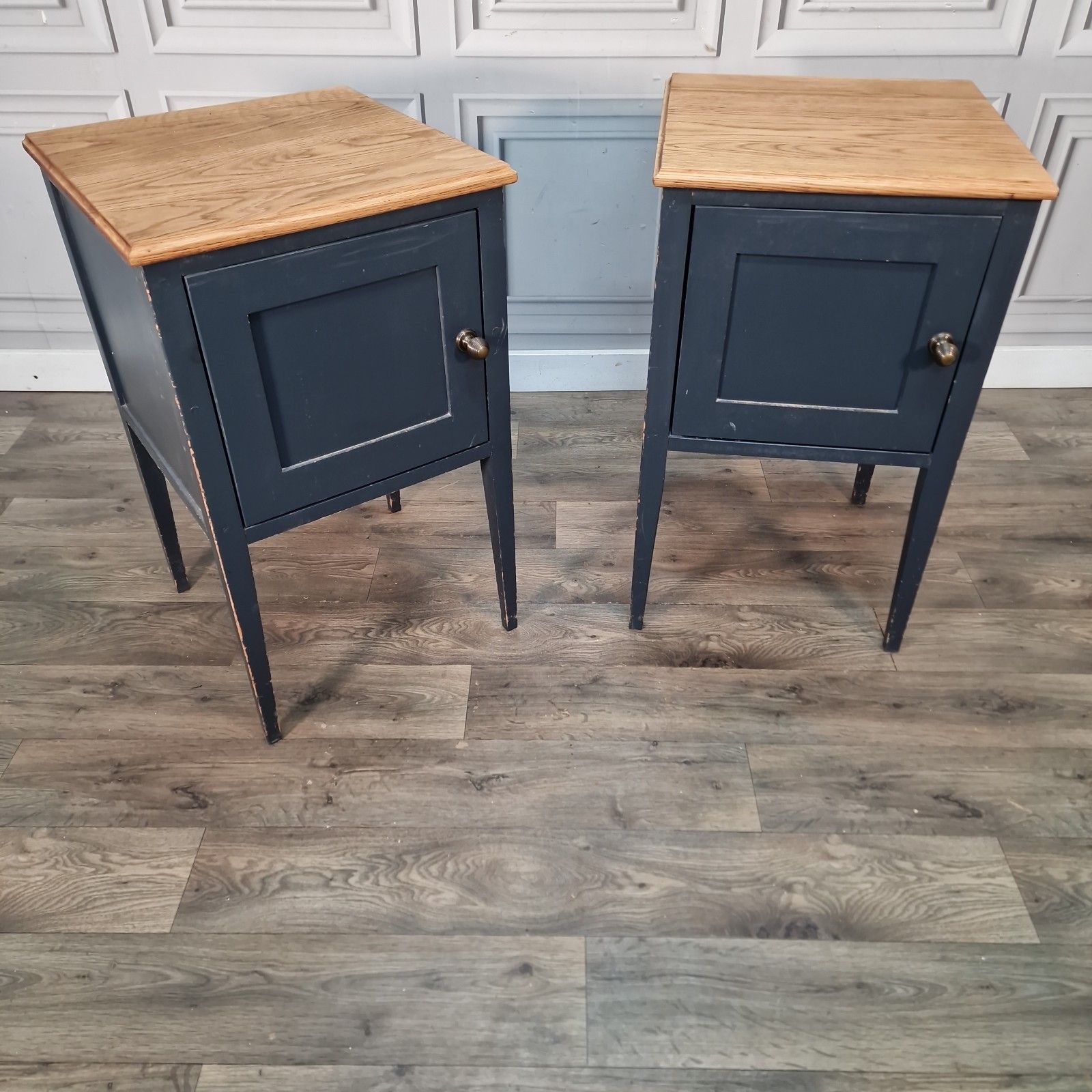 Vintage Pair Bedside Cabinets Painted Oak Top Wooden Nightstands Pot Cupboards photo furniture