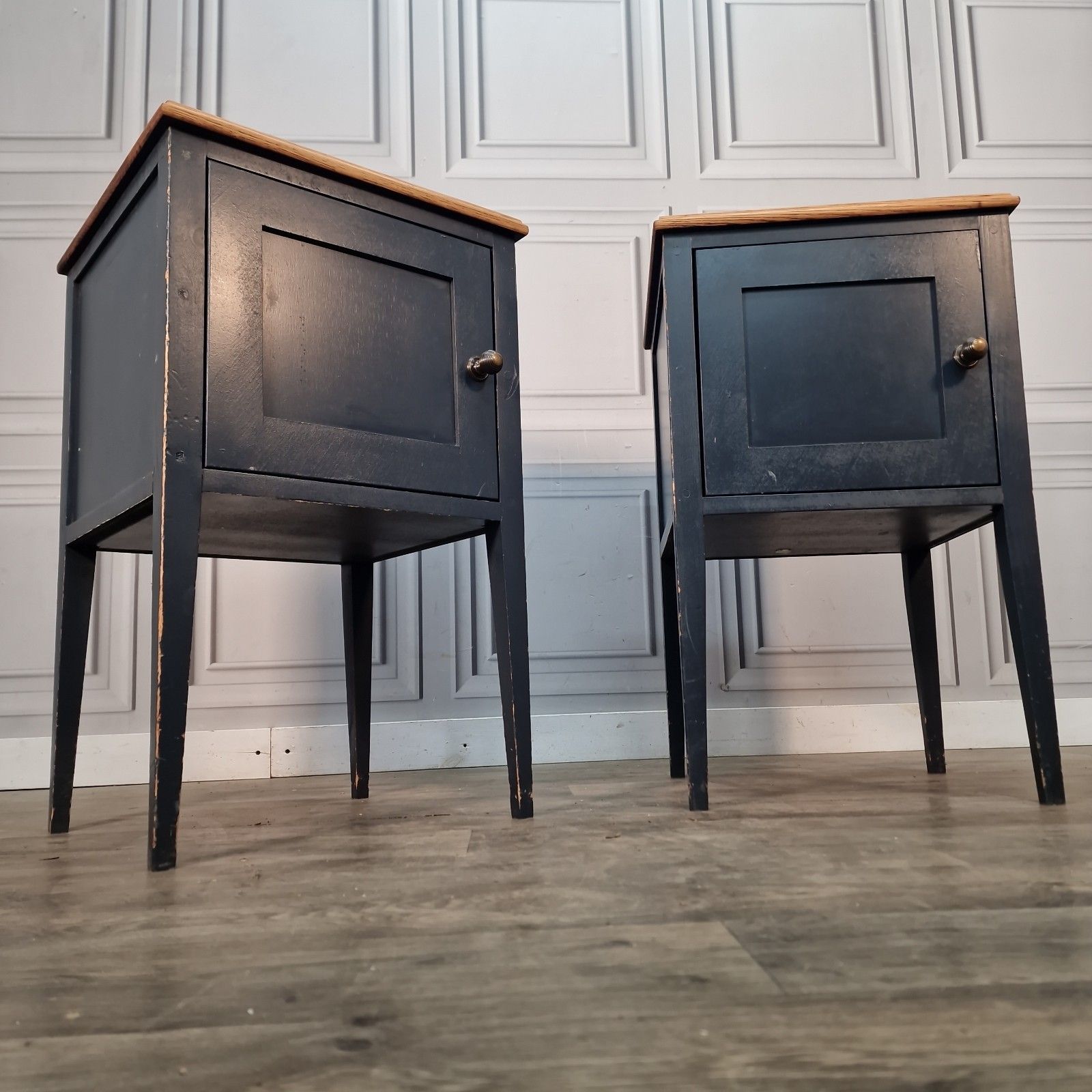 Vintage Pair Bedside Cabinets Painted Oak Top Wooden Nightstands Pot Cupboards photo for sale