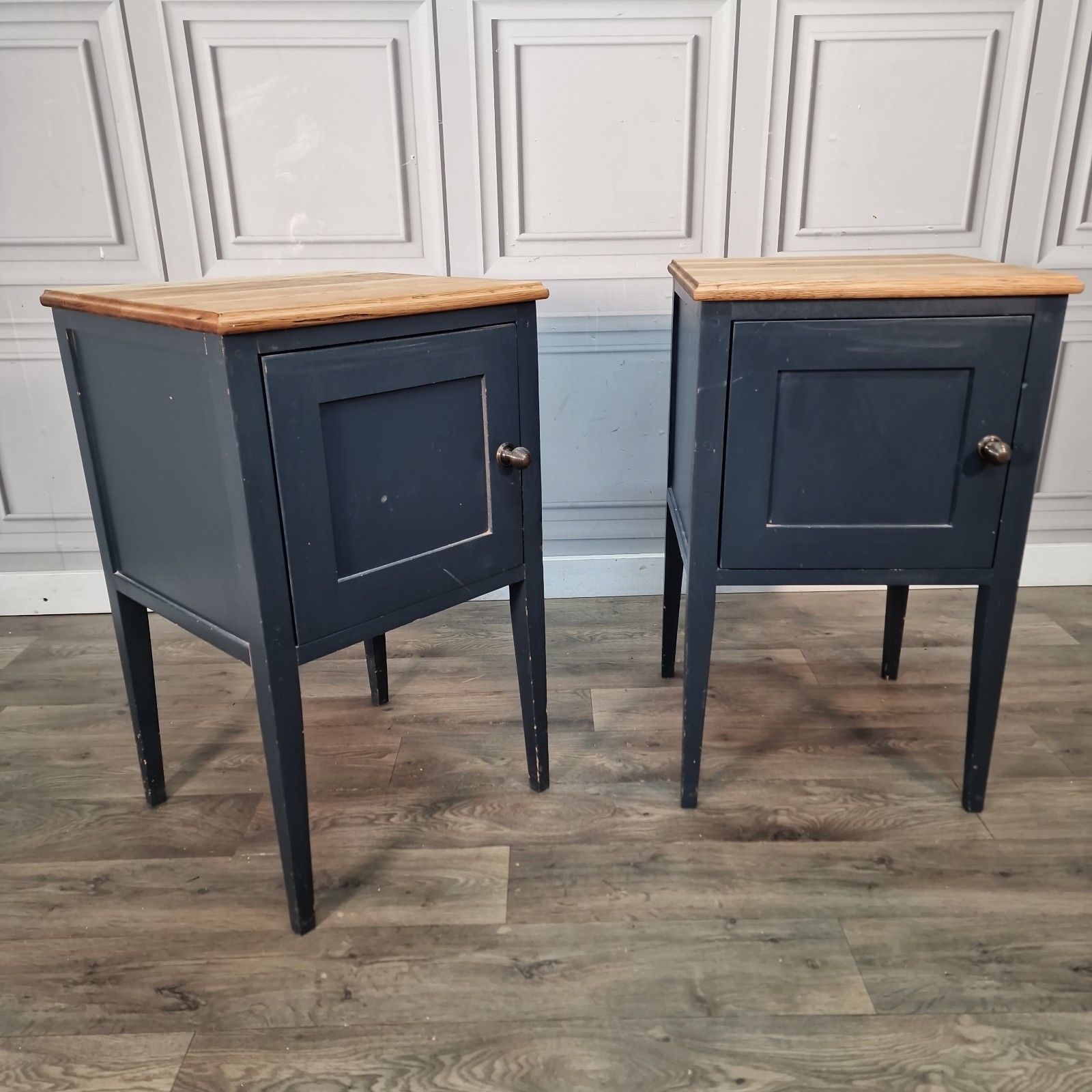 Vintage Pair Bedside Cabinets Painted Oak Top Wooden Nightstands Pot Cupboards