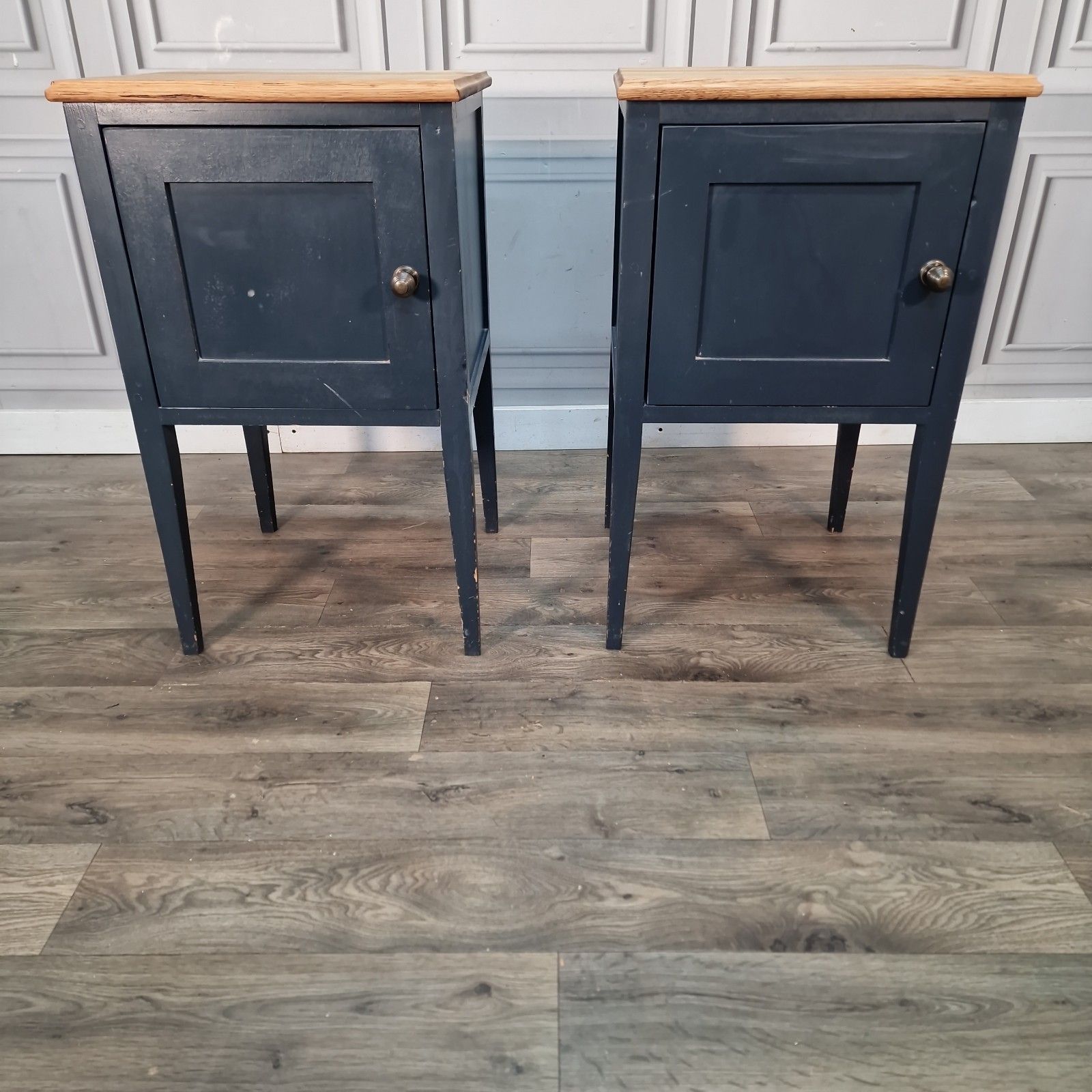 Vintage Pair Bedside Cabinets Painted Oak Top Wooden Nightstands Pot Cupboards photo vinterior