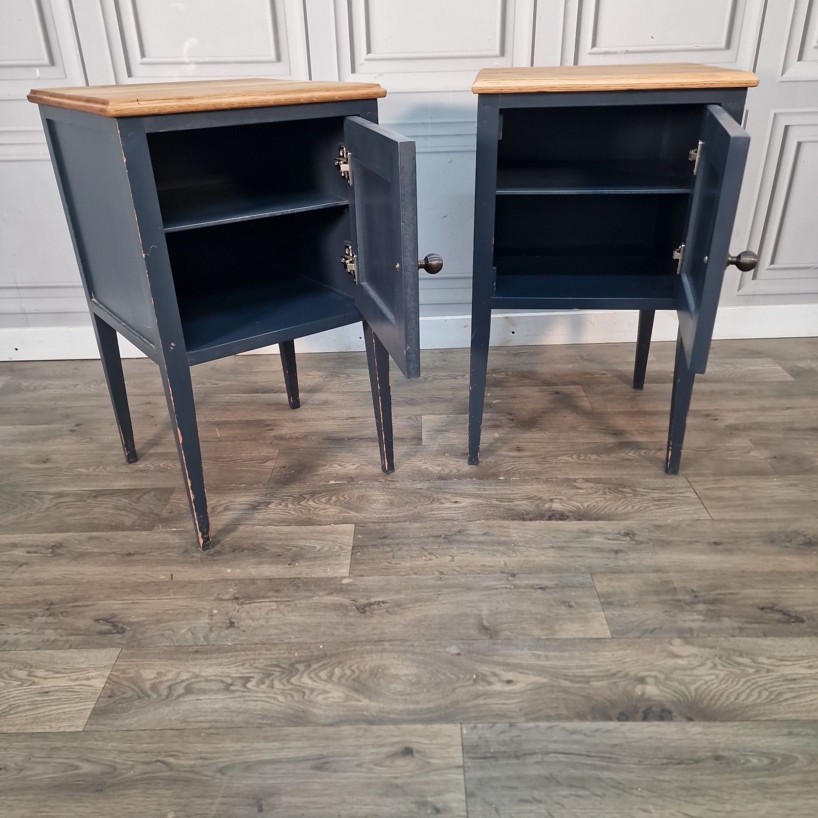 Vintage Pair Bedside Cabinets Painted Oak Top Wooden Nightstands Pot Cupboards photo Furniture