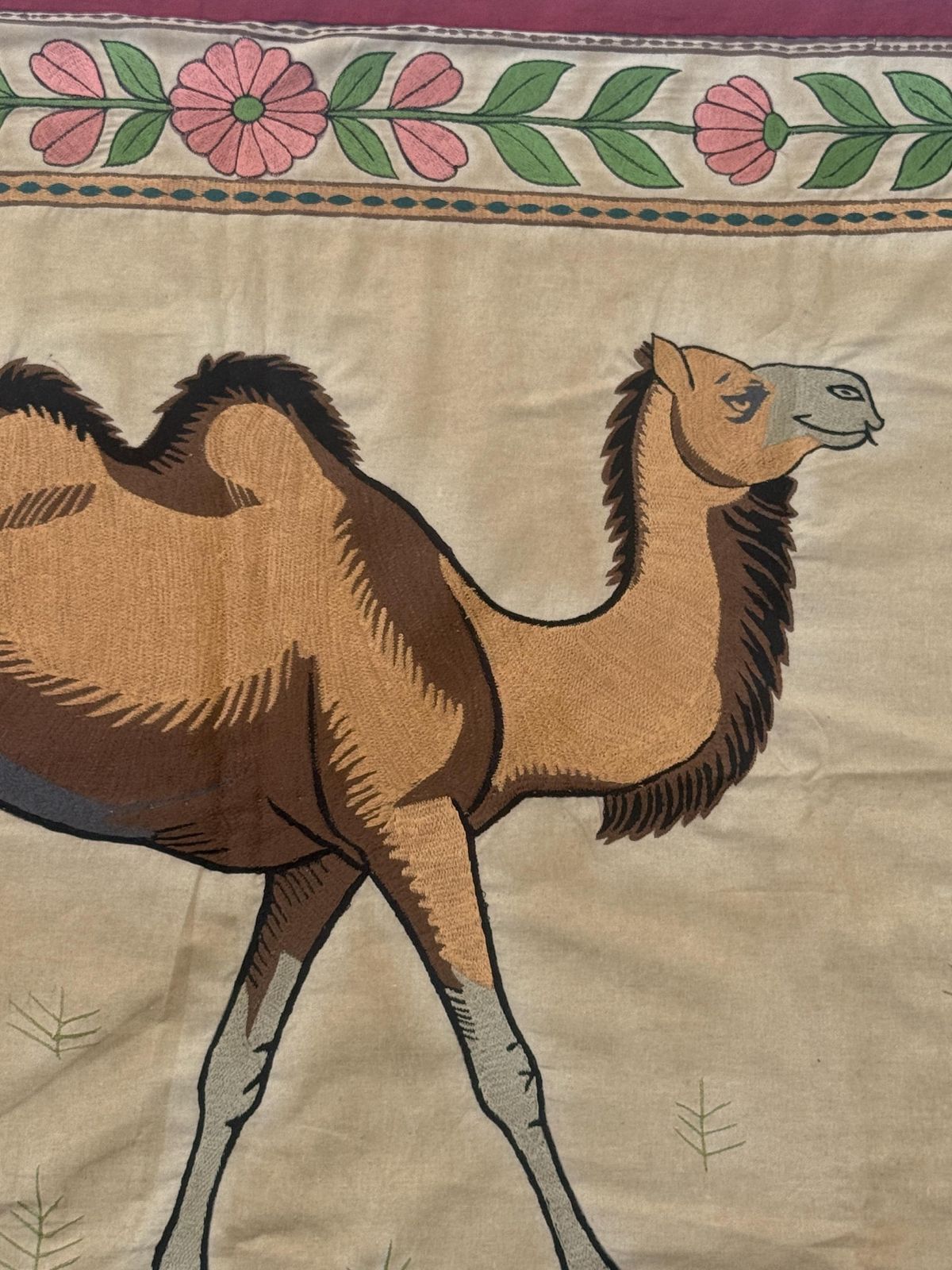 Mughal Kashmiri Embroidery Camel Rustic Desert Tapestry: Vintage Boho Silk Wall Hanging (36x48 Inches.) photo for sale