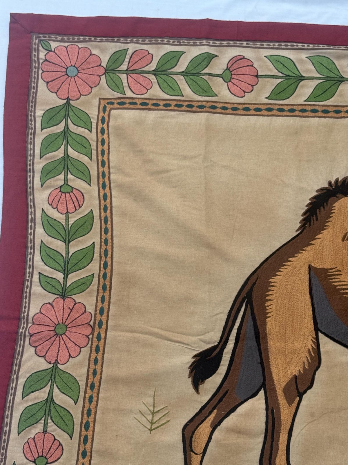 Mughal Kashmiri Embroidery Camel Rustic Desert Tapestry: Vintage Boho Silk Wall Hanging (36x48 Inches.) photo vinterior
