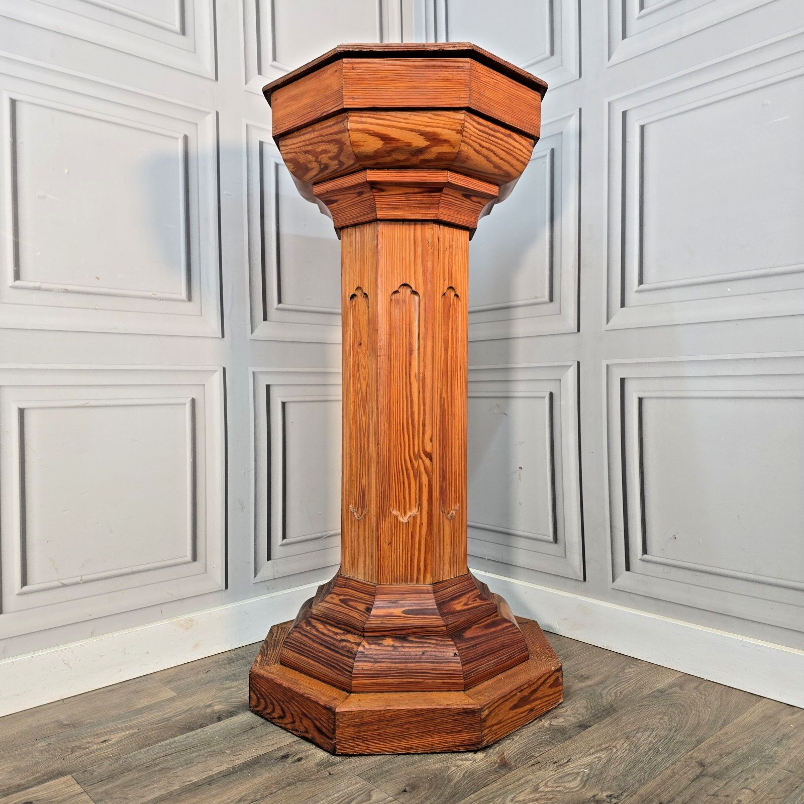 Vintage Wooden Church Font Gothic Revival Plant Stand Bust Display Column Table