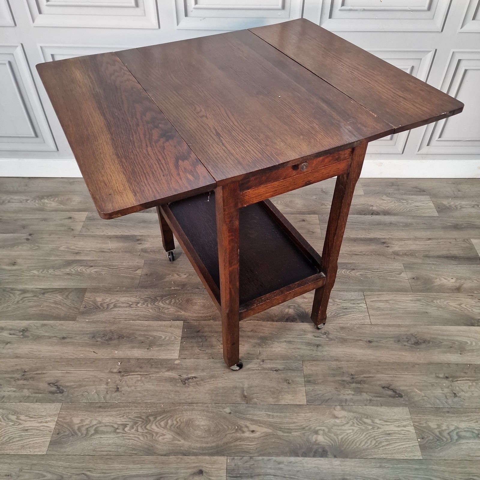 Antique Oak Drop Leaf Tea Trolley Serving Table & Drawer Solid Wooden Vintage photo Furniture