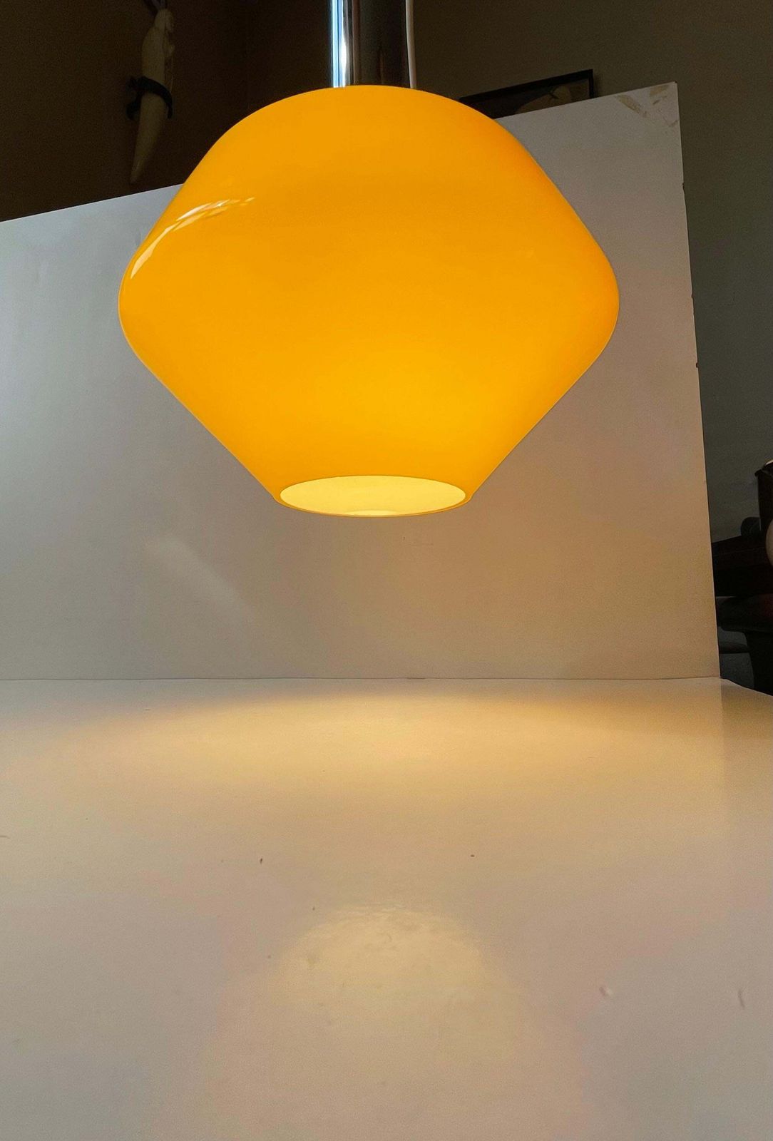 Vintage Yellow Italian Pendant Lamp In Cased Glass & Chrome Plating, 1970s photo for sale