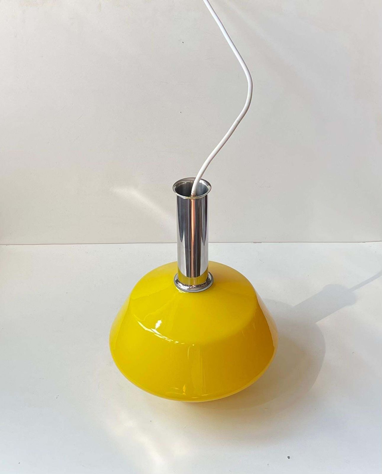 Vintage Yellow Italian Pendant Lamp In Cased Glass & Chrome Plating, 1970s photo vintage