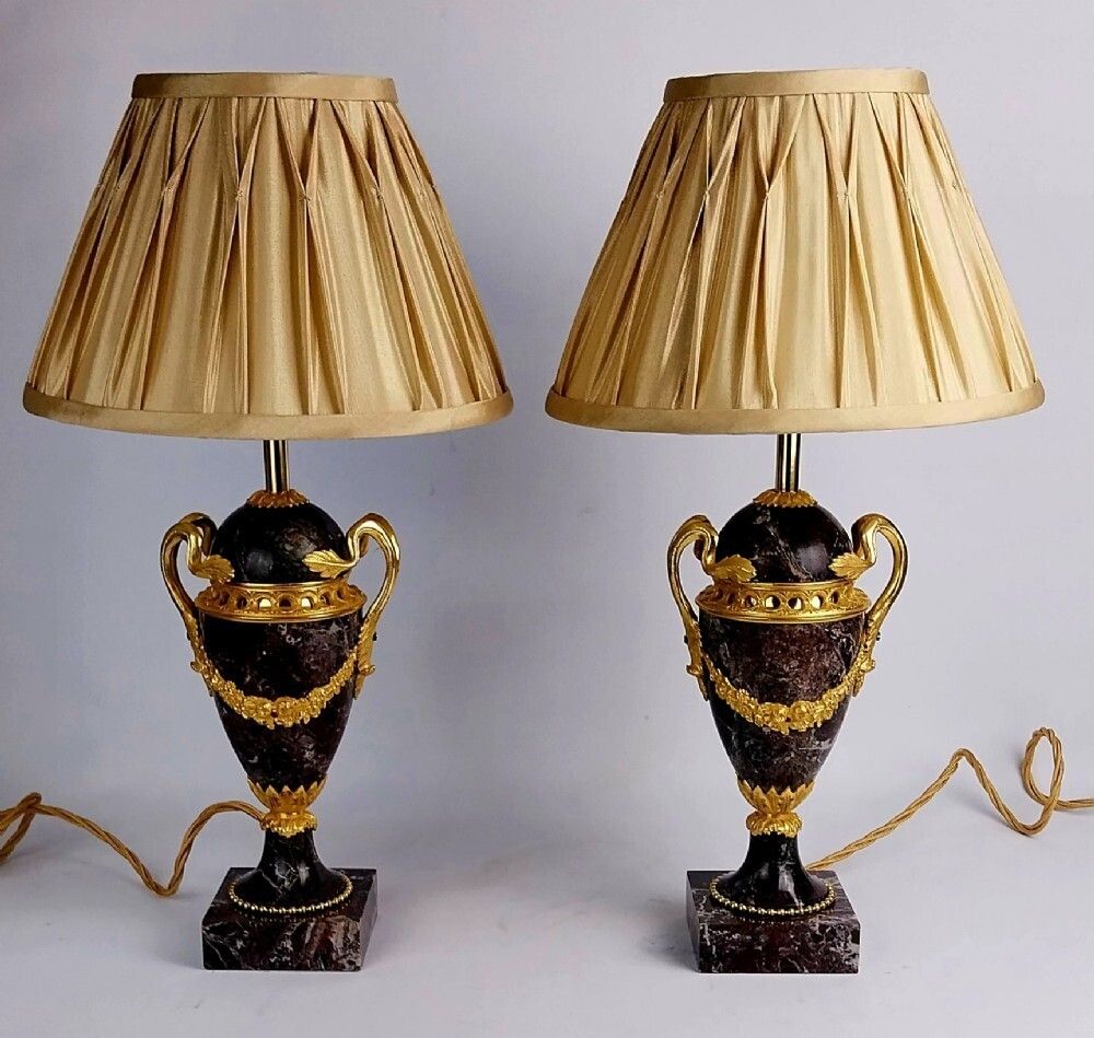 A Pair Of Late 19th Century Elegant French Marble Table Lamps With Gilt Bronze Mounts