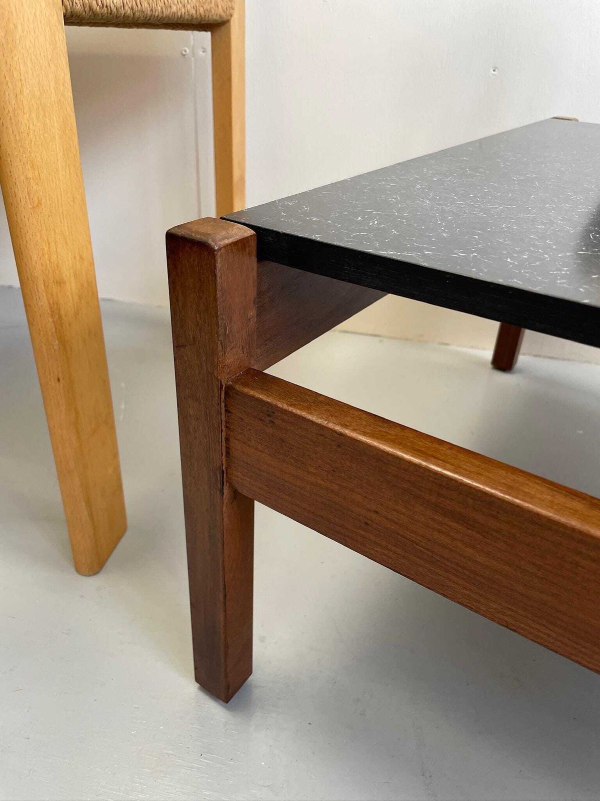 Low Coffee Table Designed By Guy Rogers Black Formica Top And Chunky Modernist Frame photo for sale
