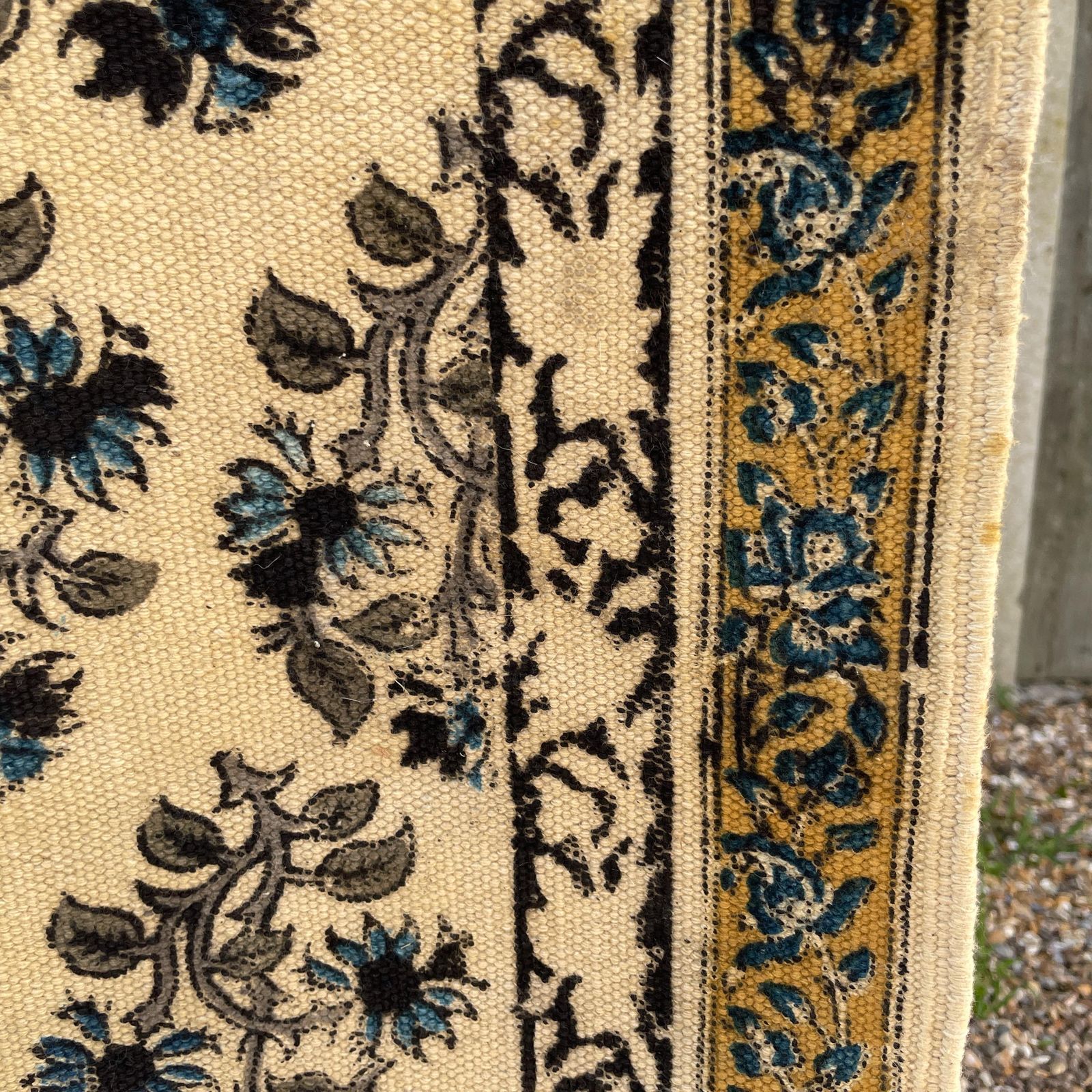 photo for sale Hand Printed Floral Runner Rug Cream Pale Yellow Cotton Indian Block Print Long Hallway Rug Vintage Accent Entryway Hallway