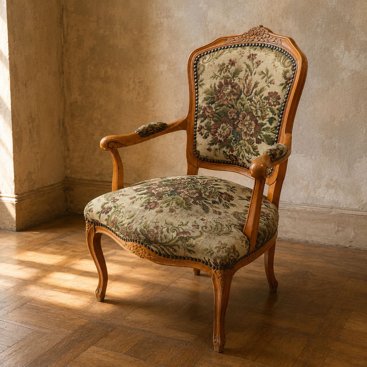 Louis XV-stijl fauteuil met bloemtapisserie en gesneden houten frame, jaren 1950–1970 photo Meubels