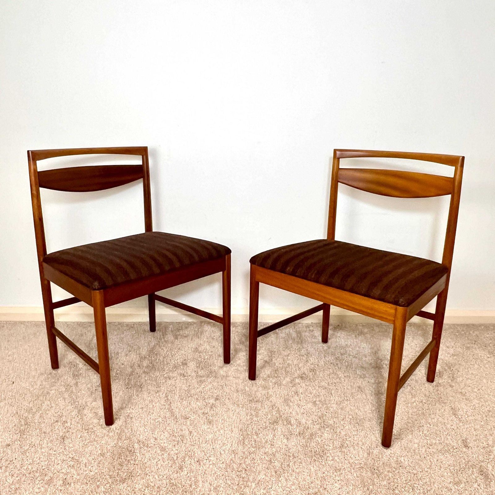 A Pair Of Mid Century McIntosh Teak Dining Chairs, Brown Boucle Upholstery photo furniture