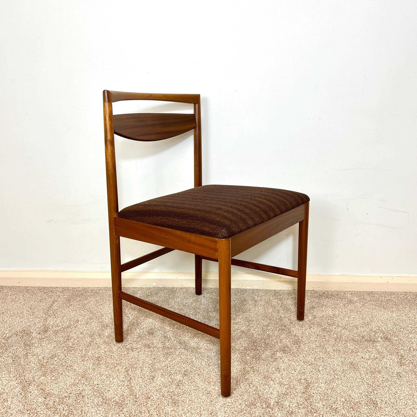 A Pair Of Mid Century McIntosh Teak Dining Chairs, Brown Boucle Upholstery photo 230.0
