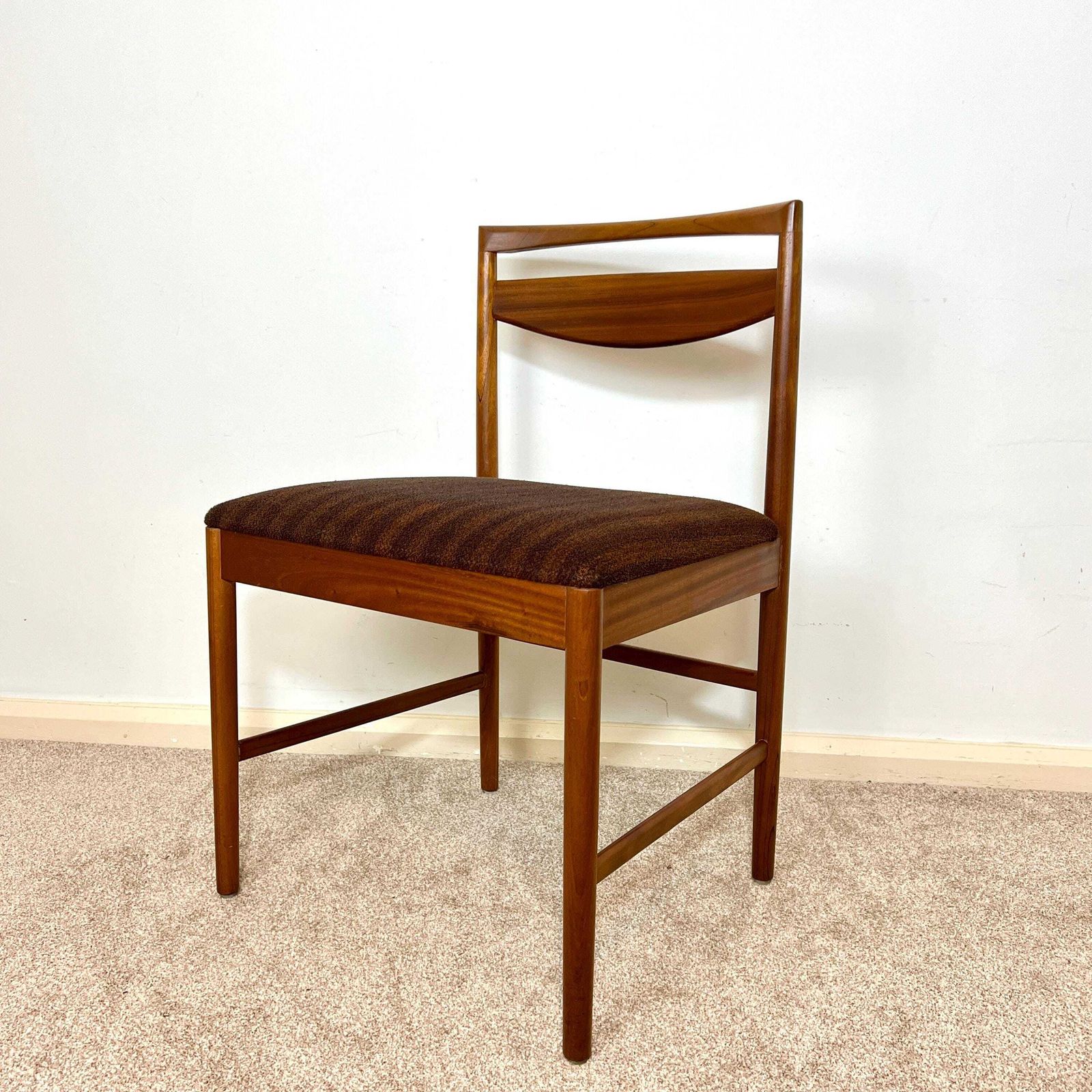 A Pair Of Mid Century McIntosh Teak Dining Chairs, Brown Boucle Upholstery photo buy