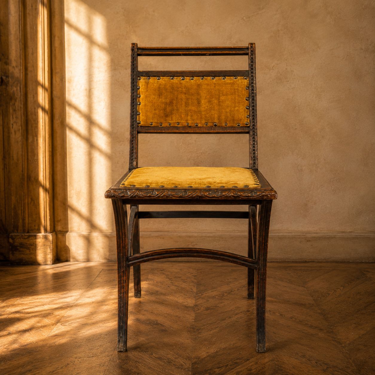 Art Nouveau Solid Wood Velvet Dining Chair With Brass Nailhead Trim, 1900s–1910s
