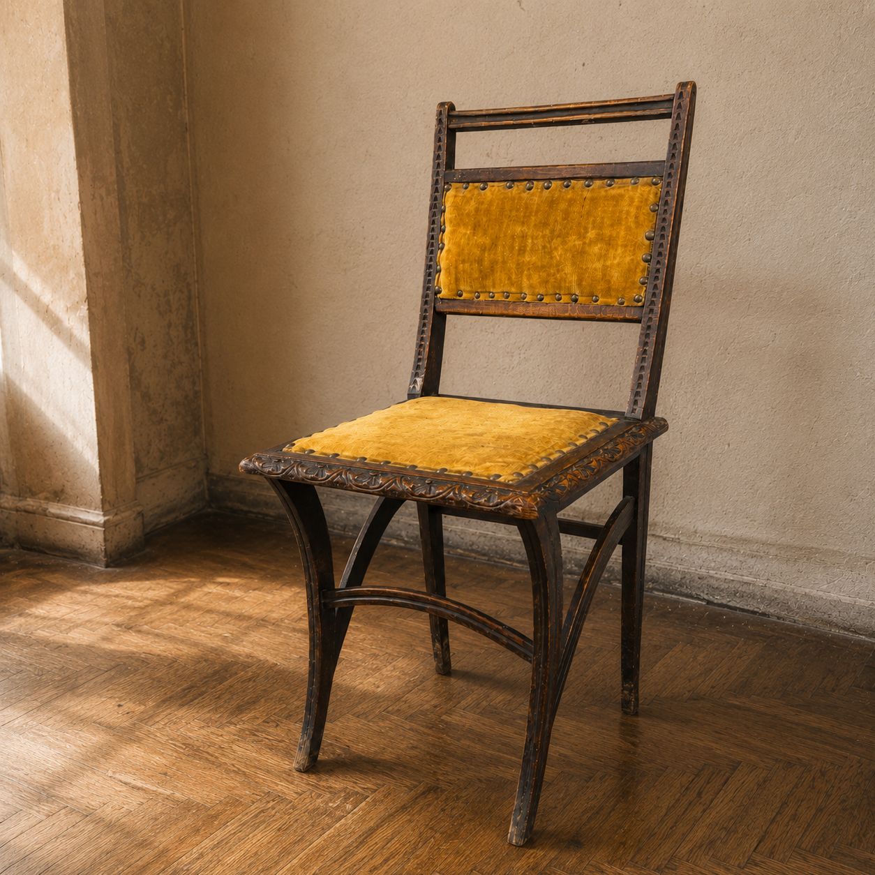 Art Nouveau Solid Wood Velvet Dining Chair With Brass Nailhead Trim, 1900s–1910s photo furniture