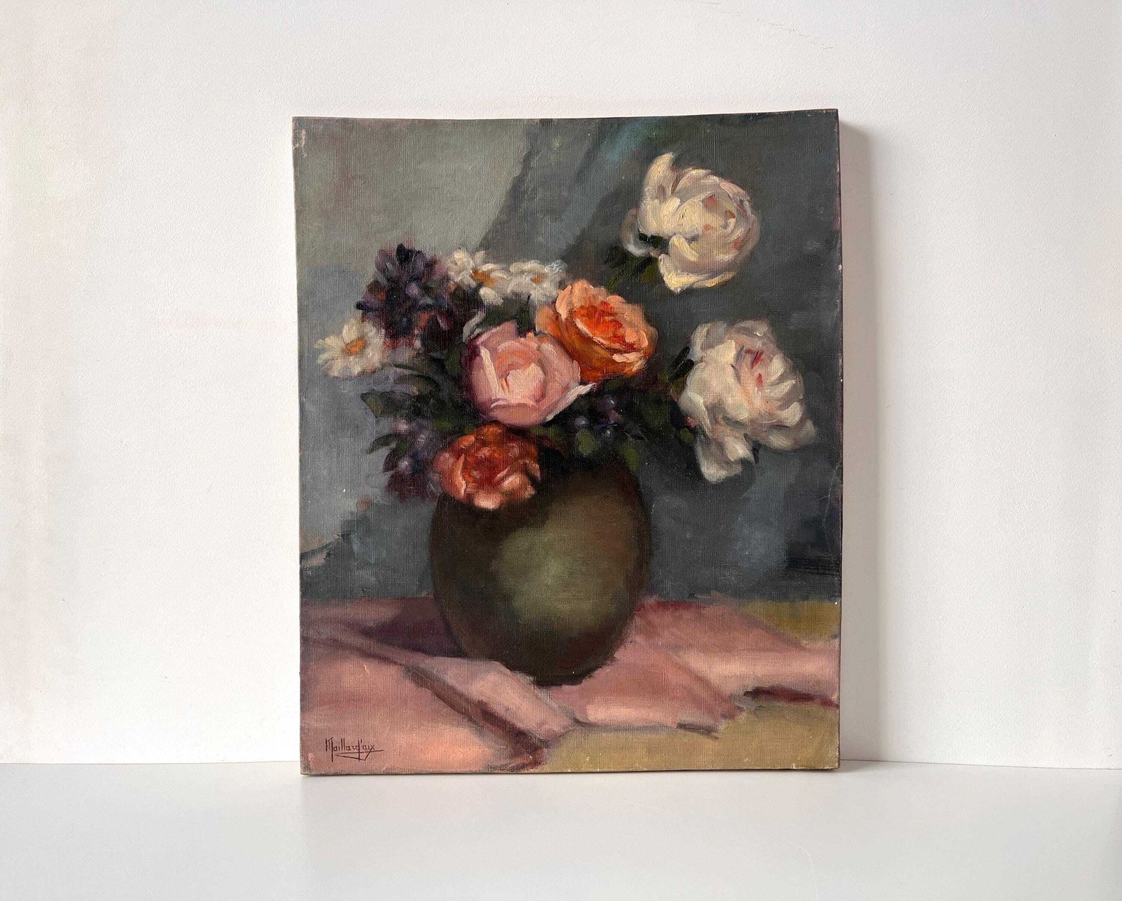 Nature morte française d'époque, bouquet de roses, huile sur toile, années 1930