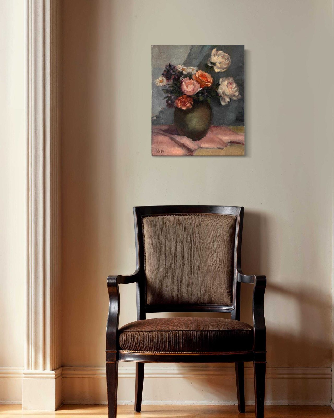 Stilleven met rozen, olieverf op doek, antiek bloemenschilderij, Frans stilleven, jaren 1930 photo furniture
