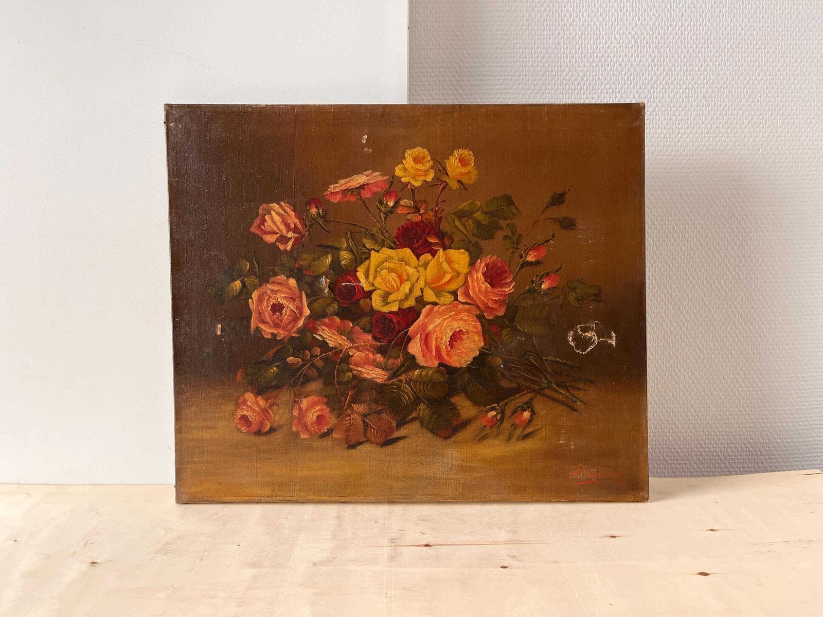 Nature morte aux roses, huile sur toile d'époque, peinture de fleurs, années 1900