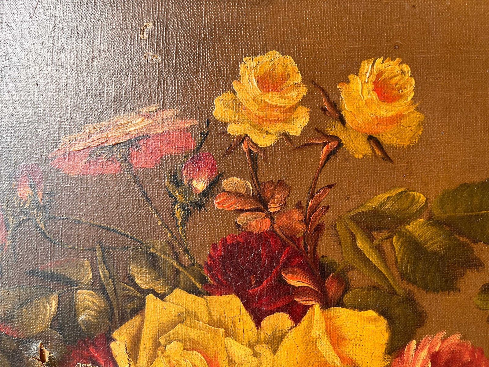 Nature morte aux roses, huile sur toile d'époque, peinture de fleurs, années 1900 photo vintage