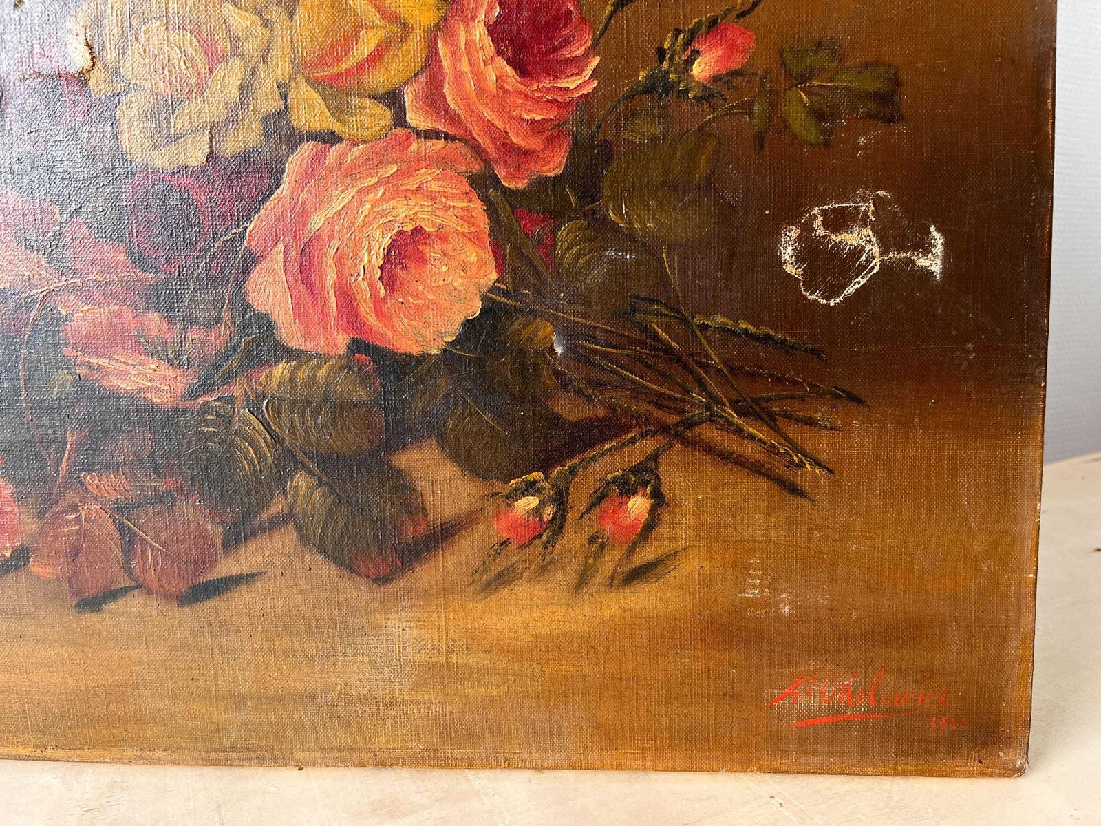 photo vinterior Nature morte aux roses, huile sur toile d'époque, peinture de fleurs, années 1900