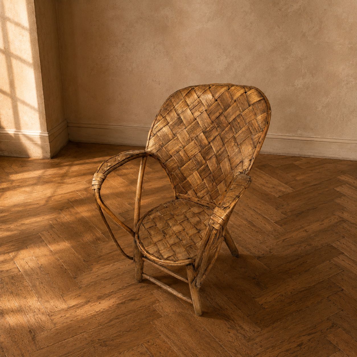 Vintage rieten fauteuil met hoge rugleuning, jaren 1960–1970
