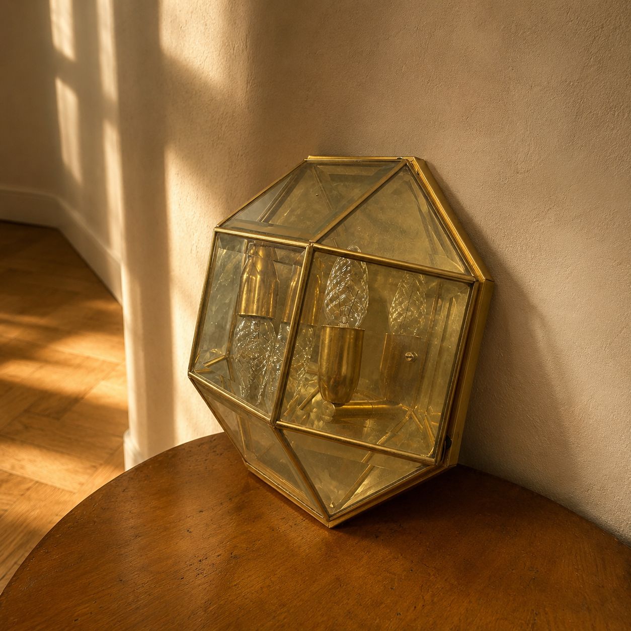 Geometric Brass And Glass Wall Light, 1980s photo for sale