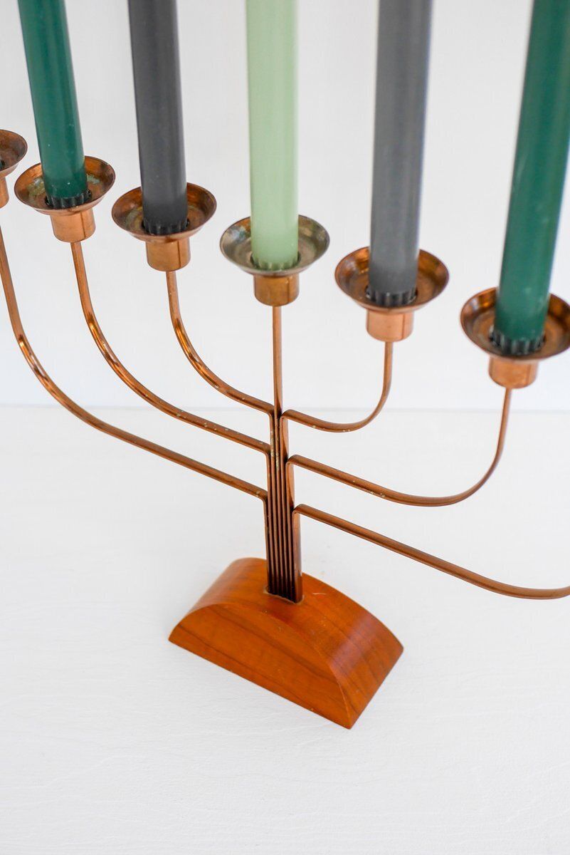 Large Vintage Brass And Elm Candelabra, 1940s photo buy