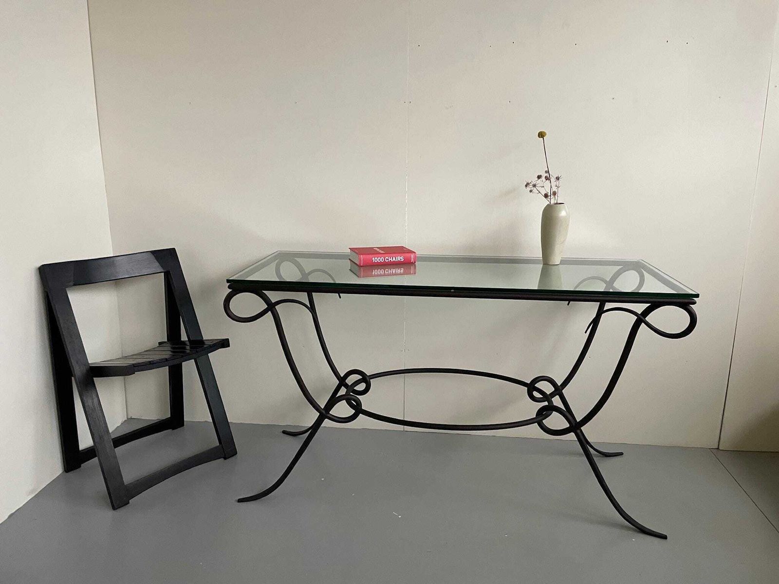 Stunning Large Wrought Iron Curly Console Table With Glass Top Postmodern