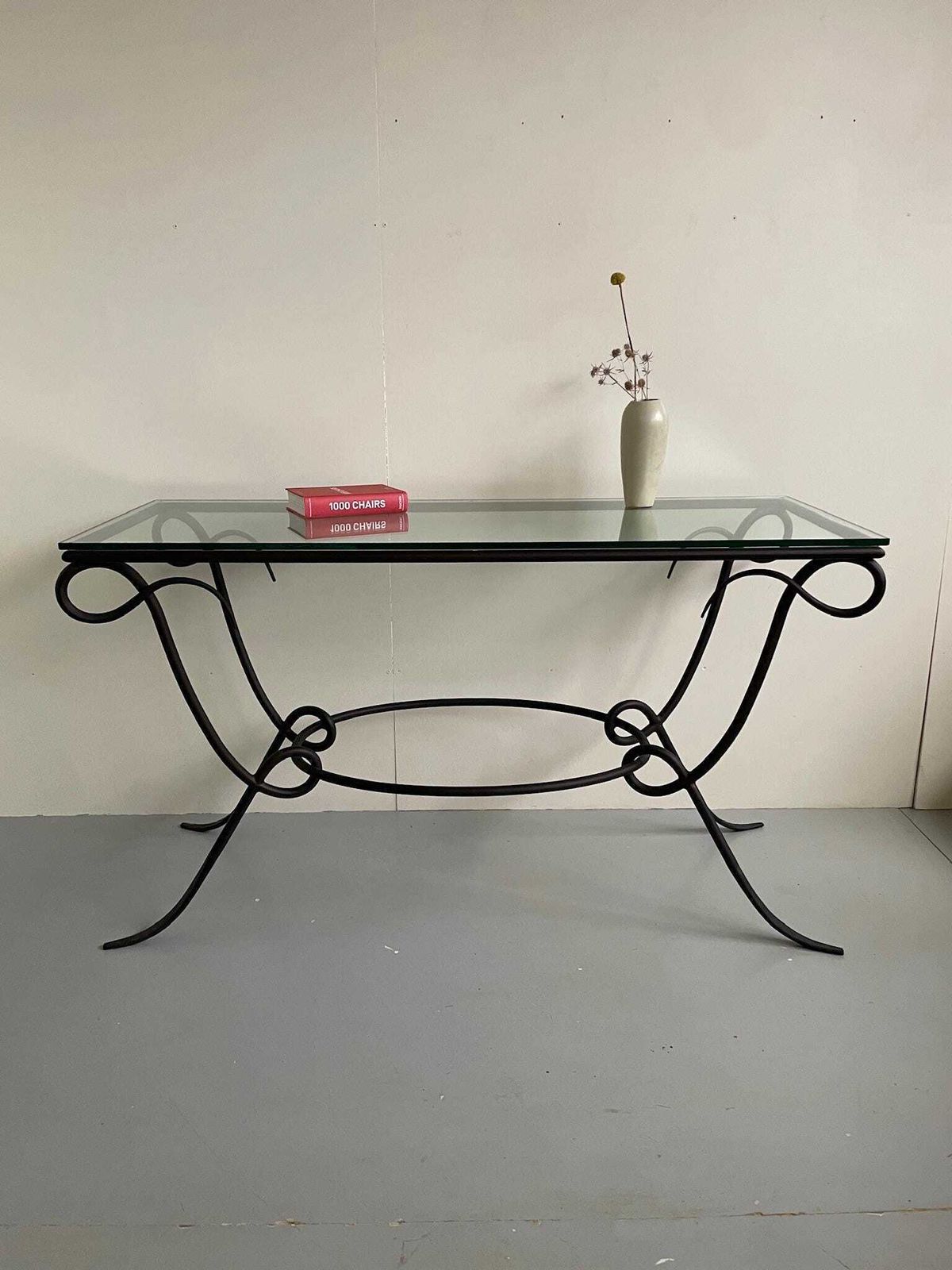 Stunning Large Wrought Iron Curly Console Table With Glass Top Postmodern photo furniture