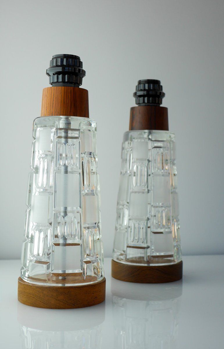 photo vintage Mid Century Modern Scandinavian Teak And Glass Table Lamps, Set Of 2