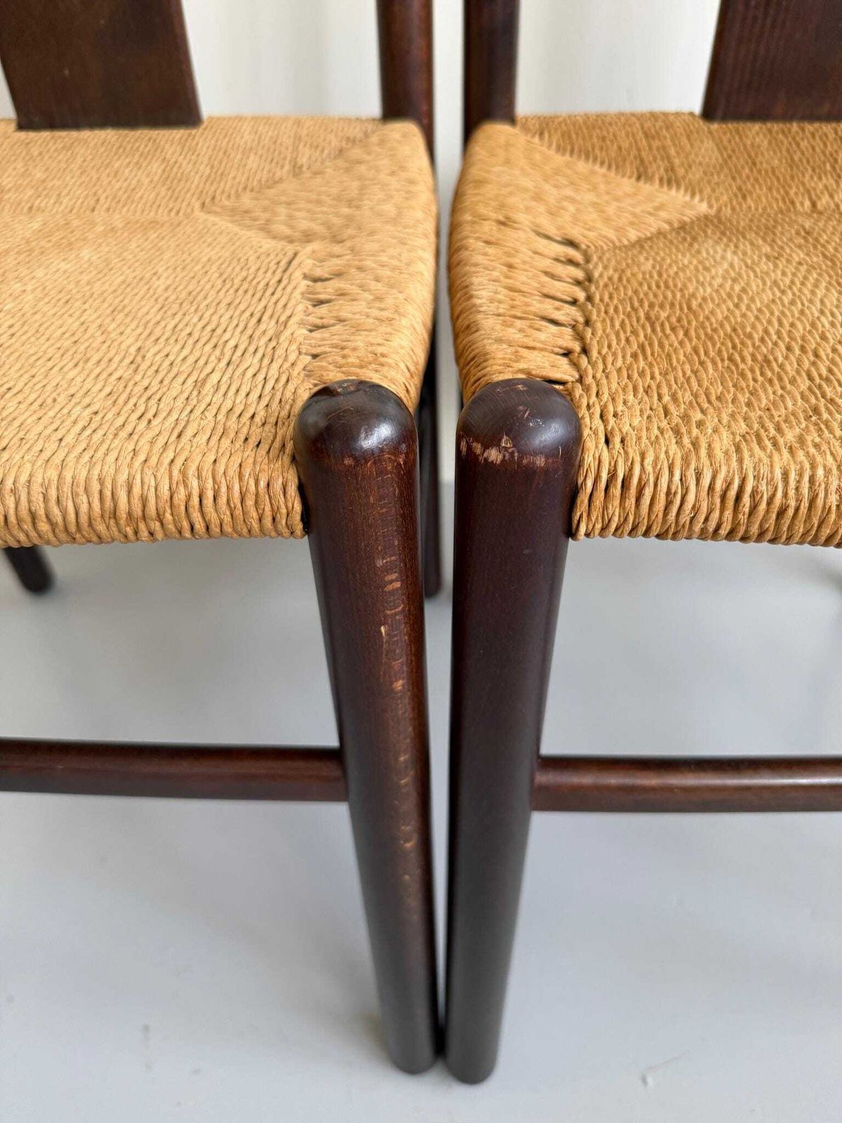 Pair Of Dark Brown Dining Chairs Rope Seat By Annig Sarian For Montina photo Furniture