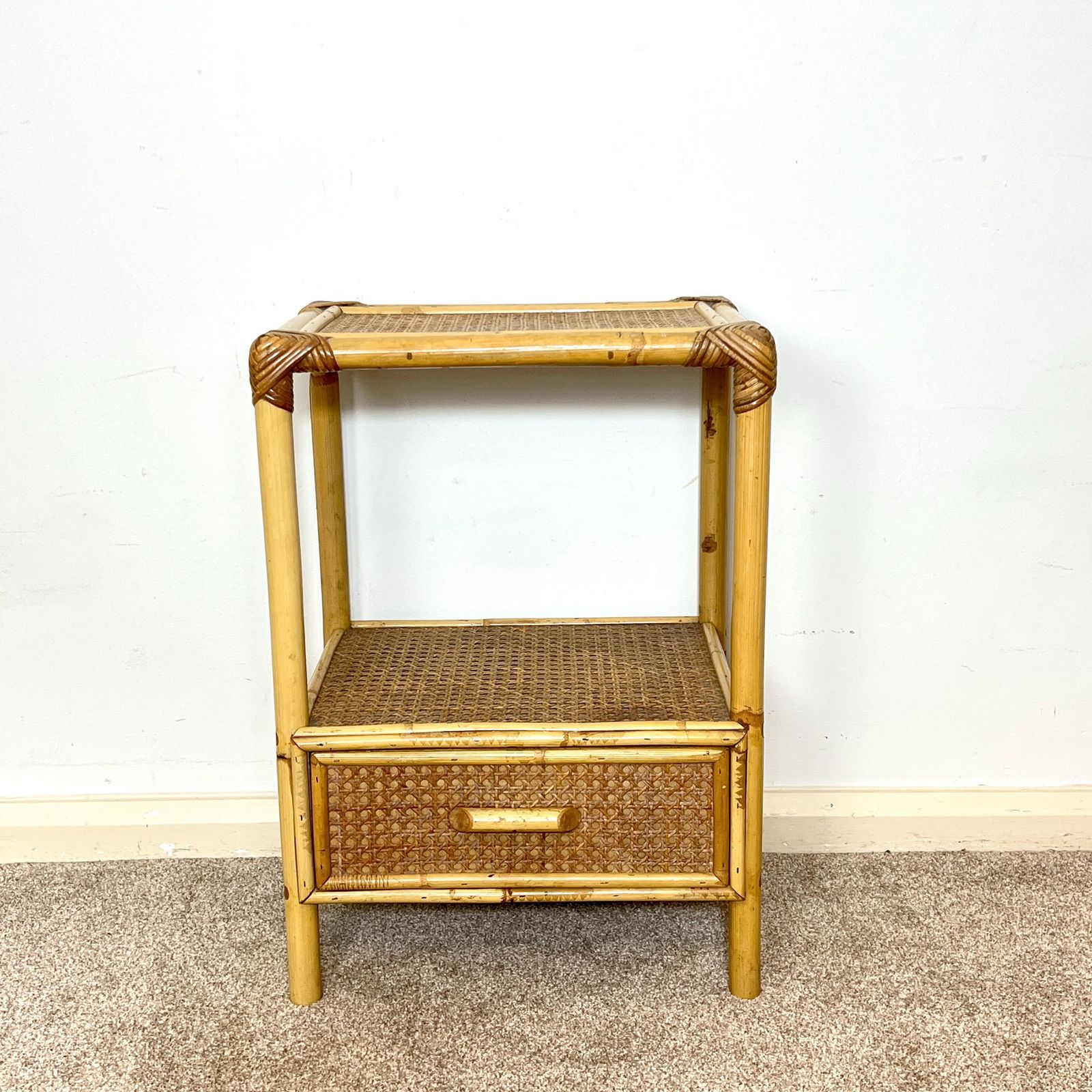 Rattan Bamboo Cane Bedside Table With Drawer, Boho Retro Tiki