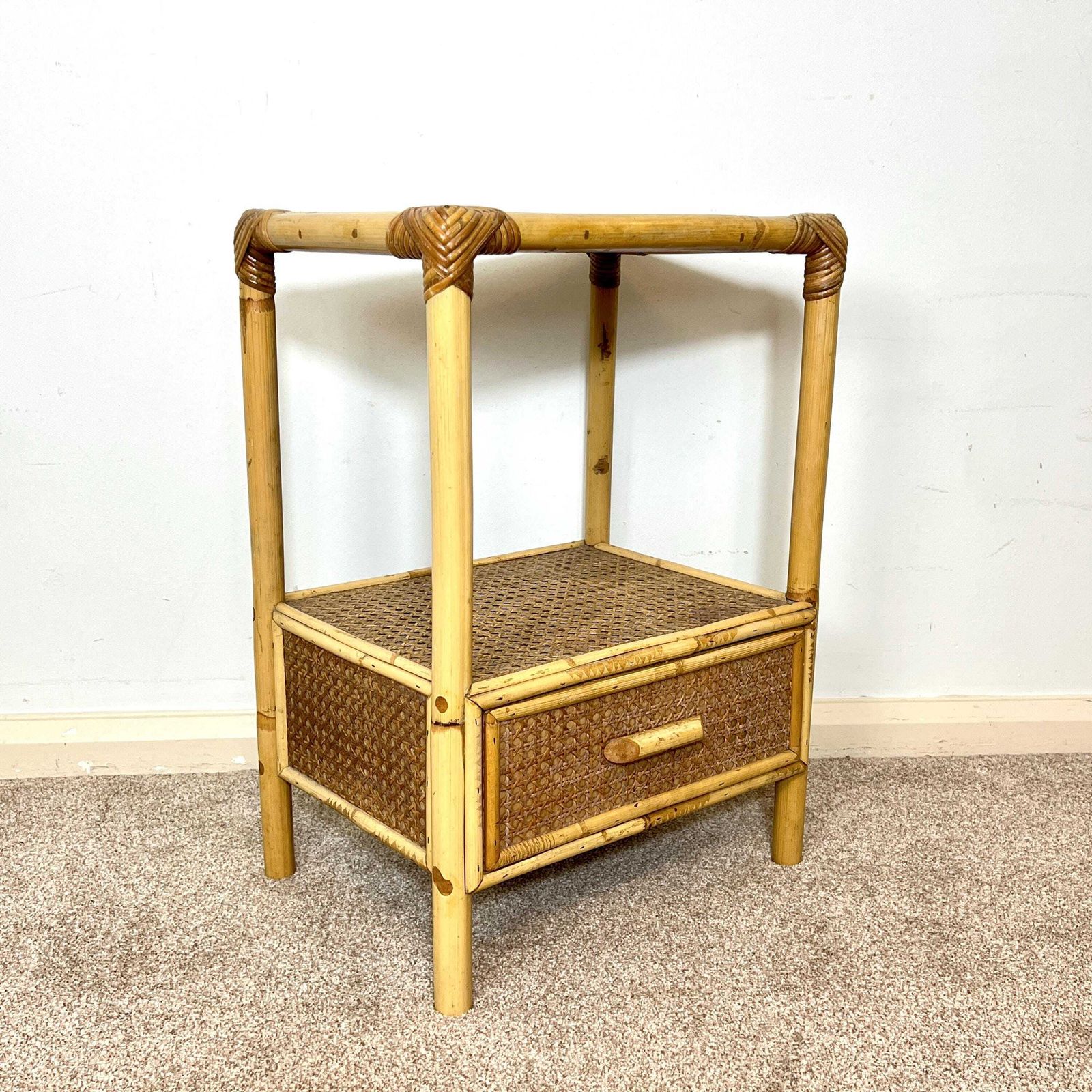 Rattan Bamboo Cane Bedside Table With Drawer, Boho Retro Tiki photo for sale