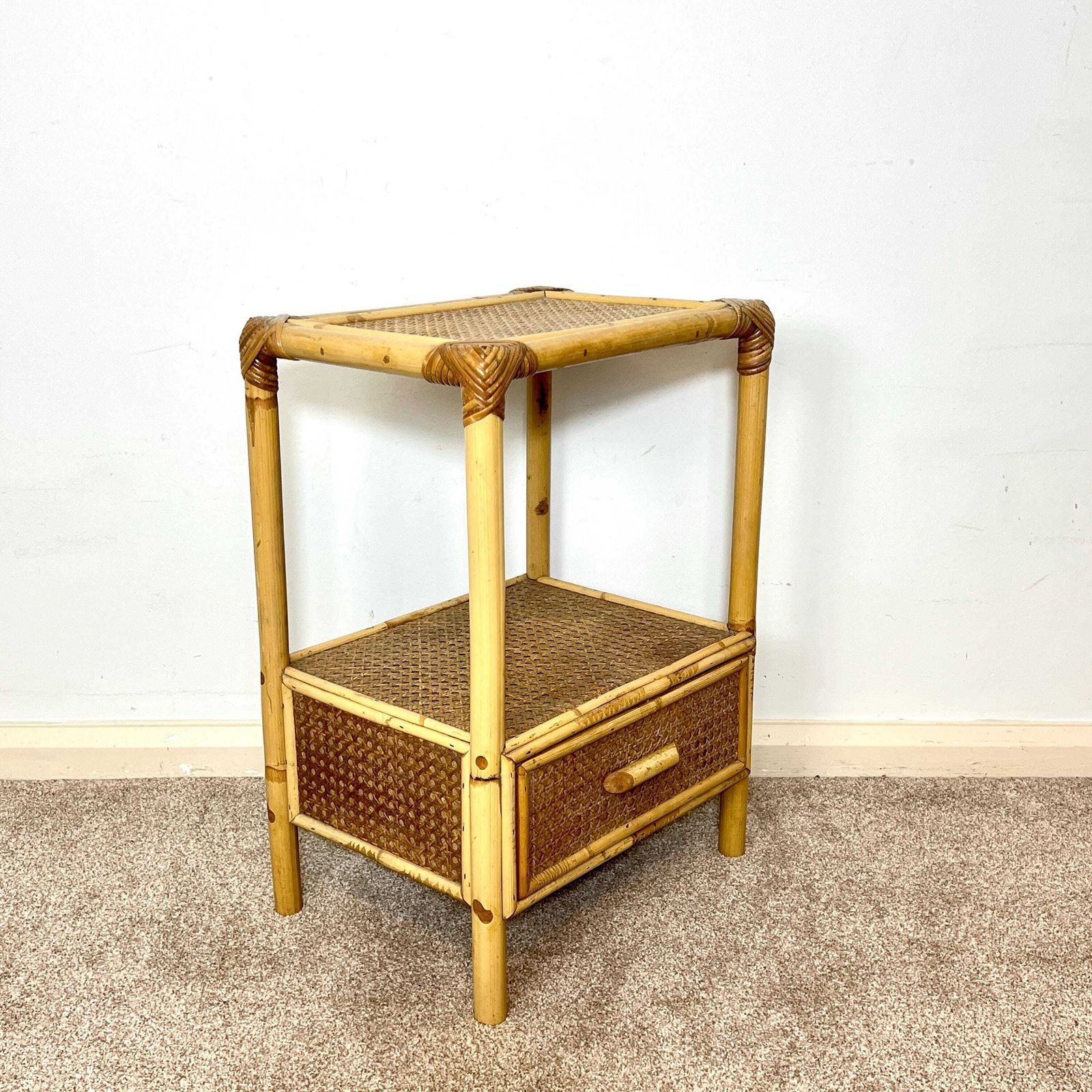 photo for sale Rattan Bamboo Cane Bedside Table With Drawer, Boho Retro Tiki