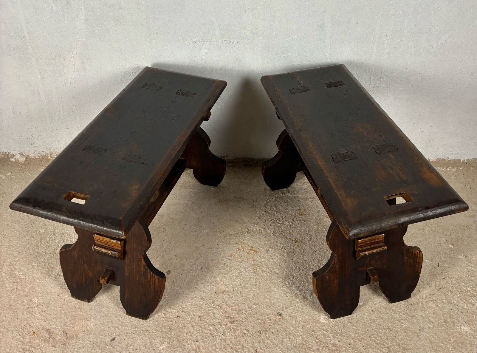 1430.0 Pair Of Rustic Spanish Wooden Stools, 1900s photo