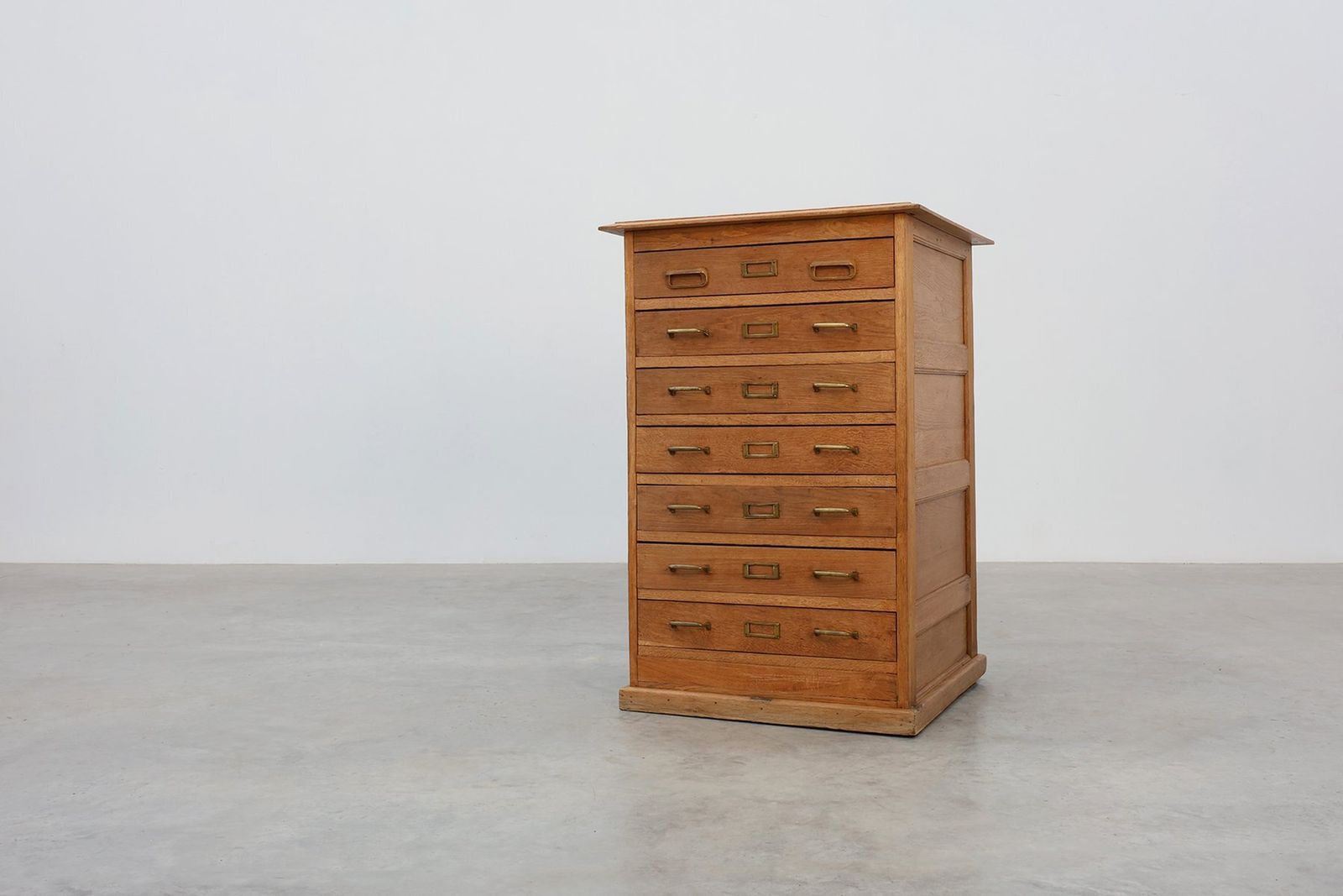 Industrial Oak Filing Cabinet With Brass Handles, United Kingdom, 1920s photo for sale