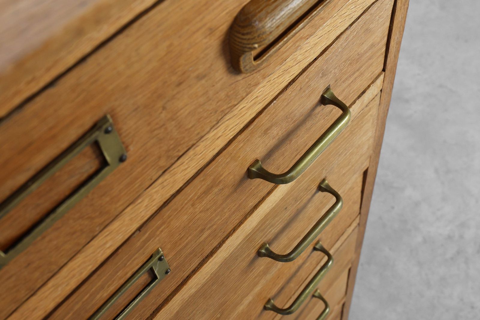 2801.0 Industrial Oak Filing Cabinet With Brass Handles, United Kingdom, 1920s photo