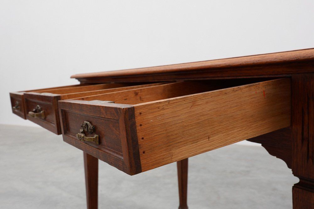 Art Deco Carved Oak Table With Copper Details, Belgium, 1920s photo 2055.0