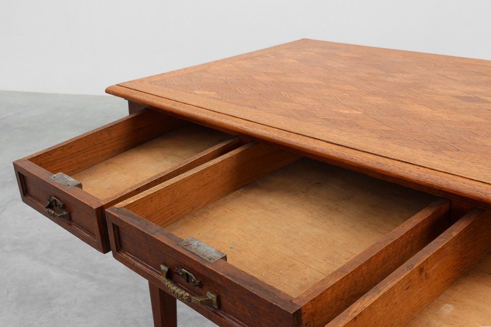 Art Deco Carved Oak Table With Copper Details, Belgium, 1920s photo vinterior