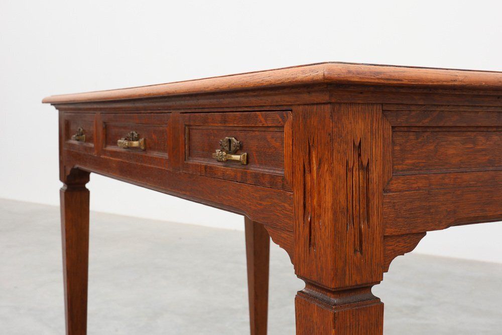 Art Deco Carved Oak Table With Copper Details, Belgium, 1920s photo vintage