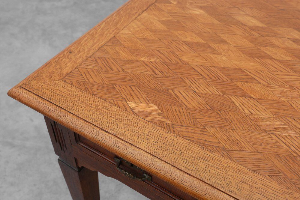 2055.0 Art Deco Carved Oak Table With Copper Details, Belgium, 1920s photo