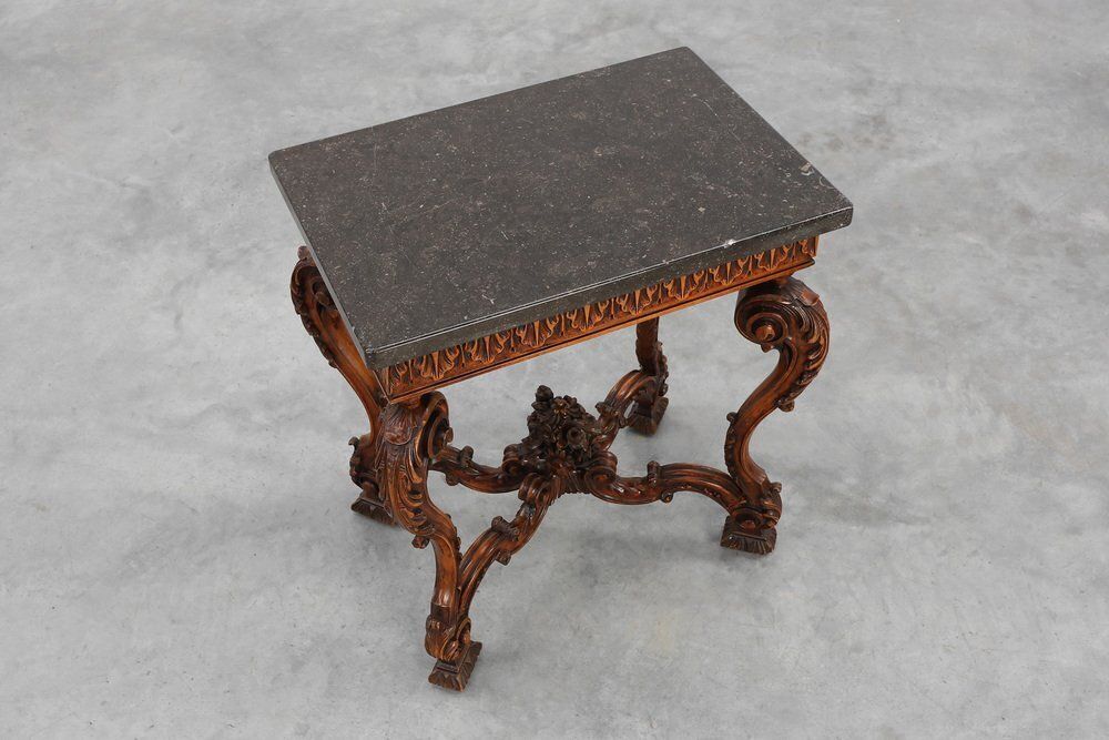 Napoleon III Style Carved Walnut Side Table With Bluestone Top, France, 1900s photo 1930.0