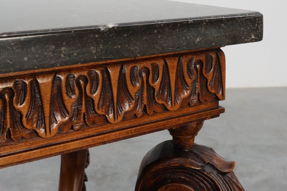 Napoleon III Style Carved Walnut Side Table With Bluestone Top, France, 1900s photo buy